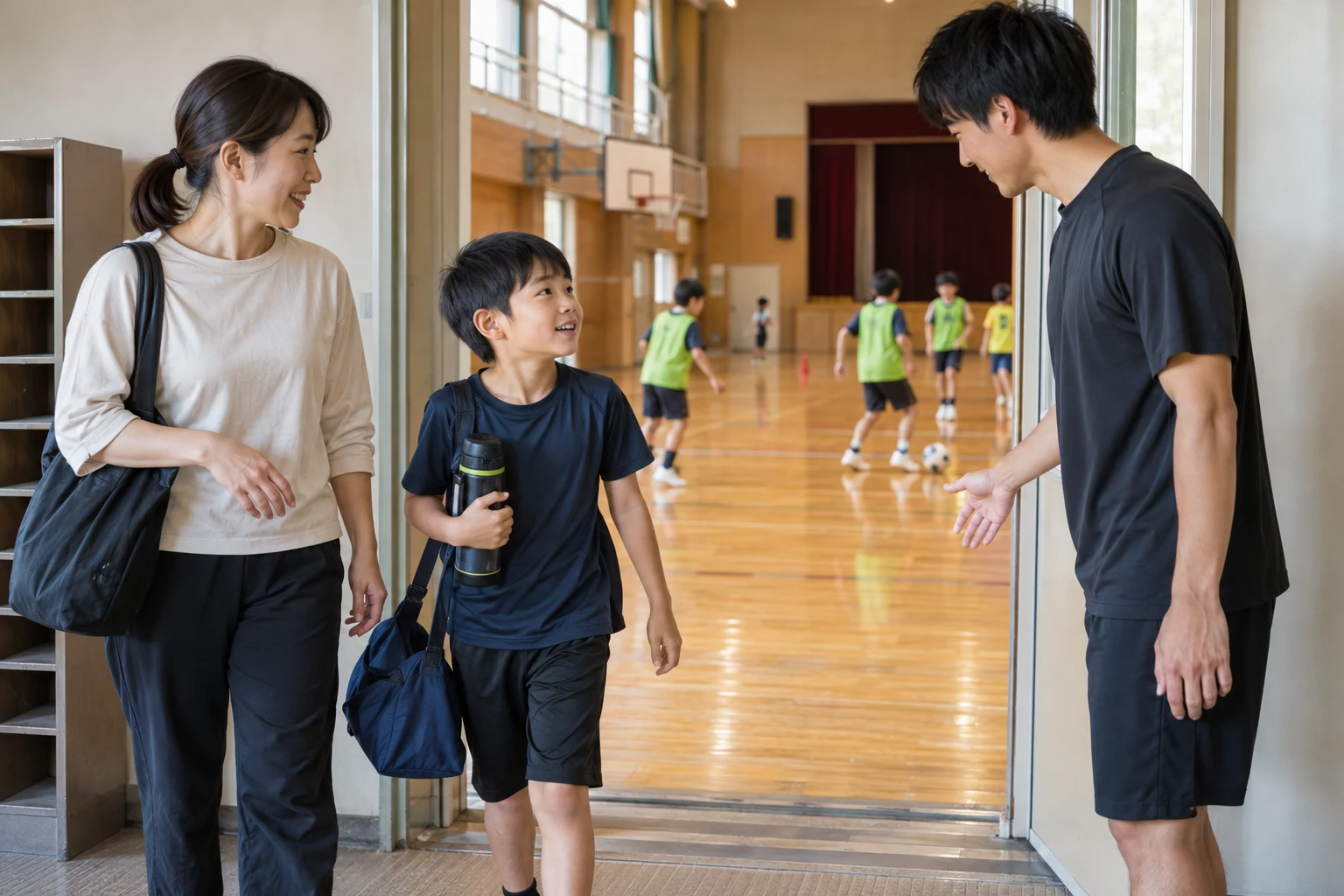 親子をコーチが体育館で迎えるイメージ
