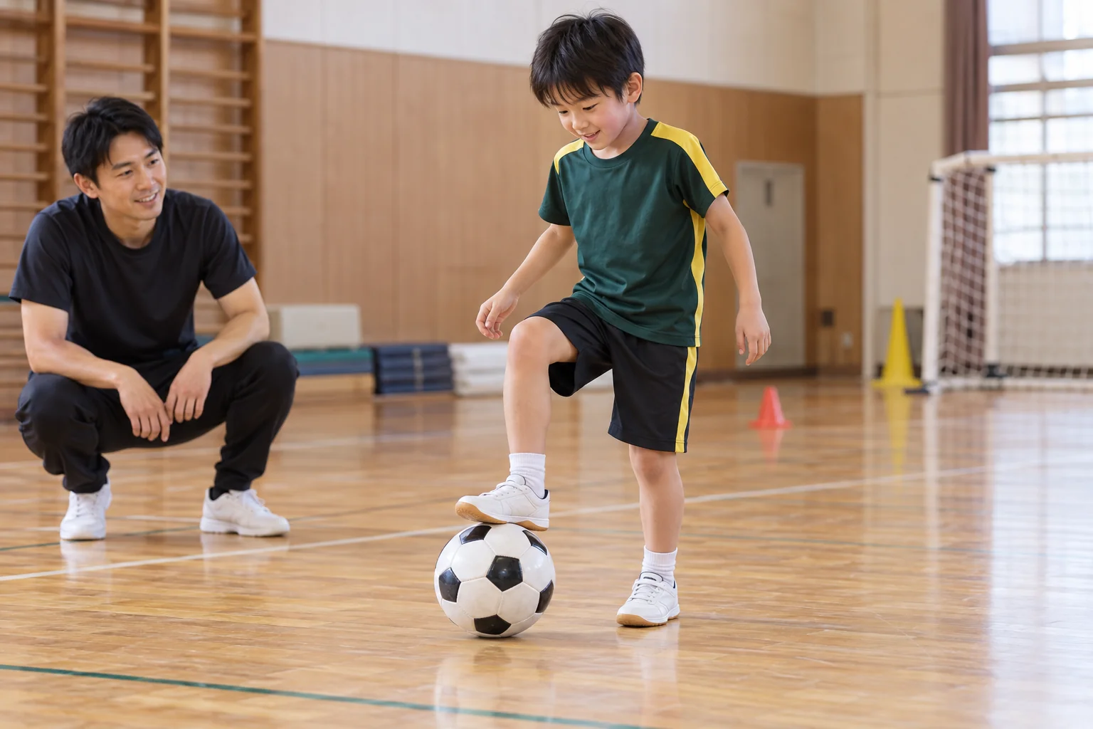 体育館でコーチのそばでボールを足で止めてみる子どものイメージ