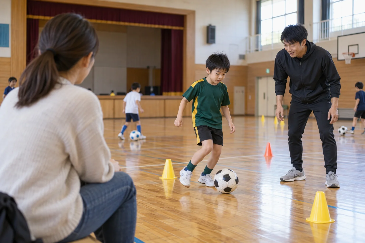 体育館で子どもの挑戦を近くから見守る保護者のイメージ